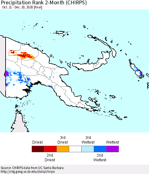 Papua New Guinea Precipitation Rank since 1981, 2-Month (CHIRPS) Thematic Map For 10/21/2020 - 12/20/2020