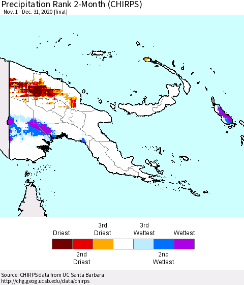 Papua New Guinea Precipitation Rank since 1981, 2-Month (CHIRPS) Thematic Map For 11/1/2020 - 12/31/2020