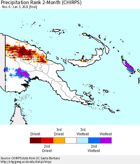 Papua New Guinea Precipitation Rank since 1981, 2-Month (CHIRPS) Thematic Map For 11/6/2020 - 1/5/2021