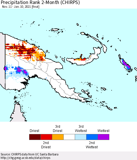 Papua New Guinea Precipitation Rank since 1981, 2-Month (CHIRPS) Thematic Map For 11/11/2020 - 1/10/2021