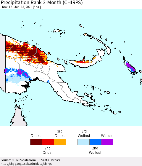 Papua New Guinea Precipitation Rank since 1981, 2-Month (CHIRPS) Thematic Map For 11/16/2020 - 1/15/2021