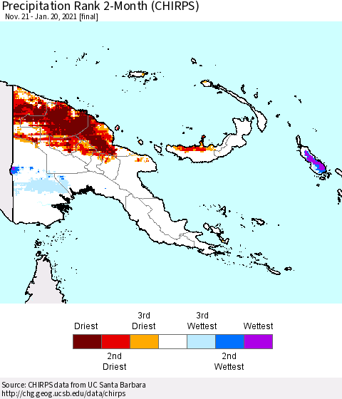 Papua New Guinea Precipitation Rank since 1981, 2-Month (CHIRPS) Thematic Map For 11/21/2020 - 1/20/2021
