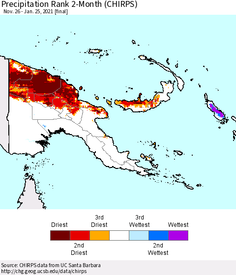 Papua New Guinea Precipitation Rank since 1981, 2-Month (CHIRPS) Thematic Map For 11/26/2020 - 1/25/2021