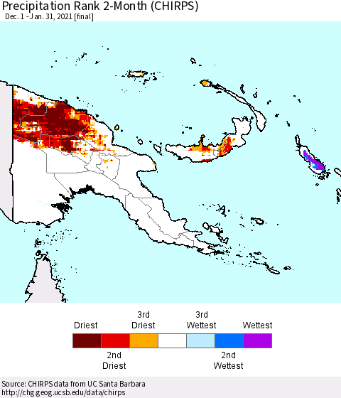Papua New Guinea Precipitation Rank since 1981, 2-Month (CHIRPS) Thematic Map For 12/1/2020 - 1/31/2021
