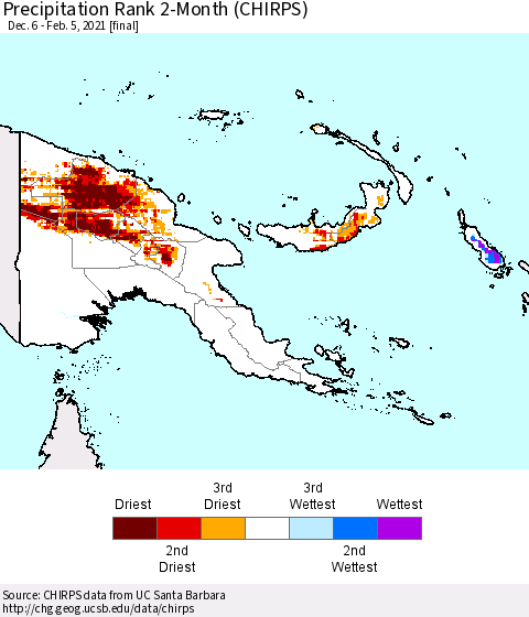 Papua New Guinea Precipitation Rank since 1981, 2-Month (CHIRPS) Thematic Map For 12/6/2020 - 2/5/2021