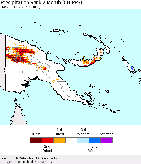 Papua New Guinea Precipitation Rank since 1981, 2-Month (CHIRPS) Thematic Map For 12/11/2020 - 2/10/2021