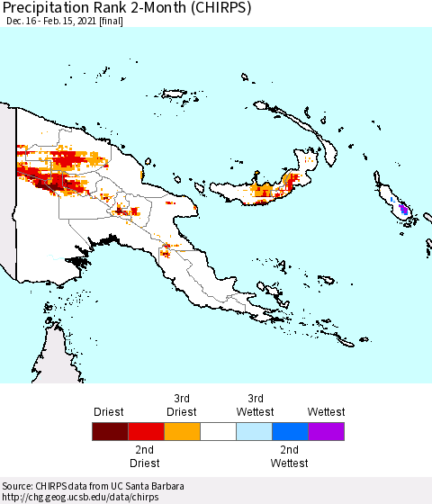 Papua New Guinea Precipitation Rank since 1981, 2-Month (CHIRPS) Thematic Map For 12/16/2020 - 2/15/2021
