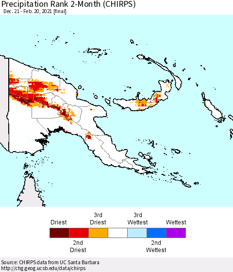 Papua New Guinea Precipitation Rank since 1981, 2-Month (CHIRPS) Thematic Map For 12/21/2020 - 2/20/2021