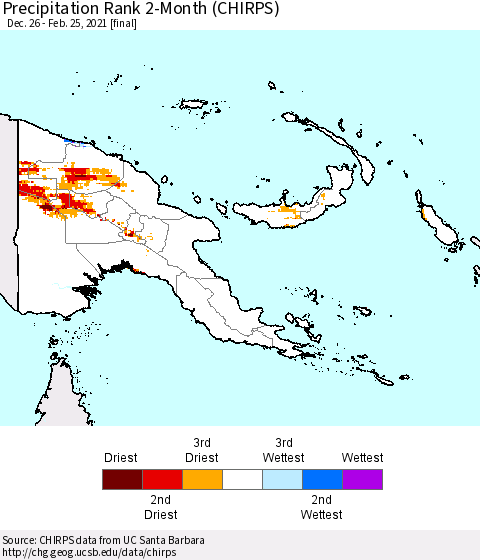Papua New Guinea Precipitation Rank since 1981, 2-Month (CHIRPS) Thematic Map For 12/26/2020 - 2/25/2021