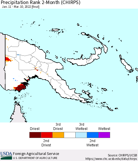 Papua New Guinea Precipitation Rank since 1981, 2-Month (CHIRPS) Thematic Map For 1/11/2022 - 3/10/2022