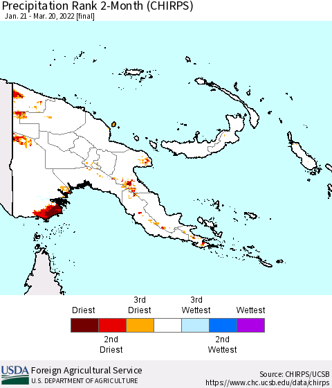 Papua New Guinea Precipitation Rank since 1981, 2-Month (CHIRPS) Thematic Map For 1/21/2022 - 3/20/2022