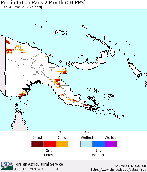 Papua New Guinea Precipitation Rank since 1981, 2-Month (CHIRPS) Thematic Map For 1/26/2022 - 3/25/2022