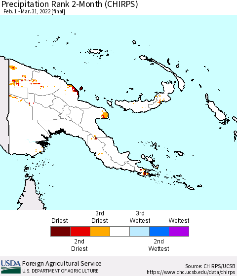 Papua New Guinea Precipitation Rank since 1981, 2-Month (CHIRPS) Thematic Map For 2/1/2022 - 3/31/2022