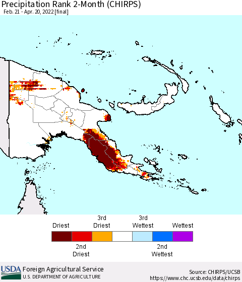 Papua New Guinea Precipitation Rank since 1981, 2-Month (CHIRPS) Thematic Map For 2/21/2022 - 4/20/2022