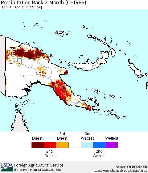 Papua New Guinea Precipitation Rank since 1981, 2-Month (CHIRPS) Thematic Map For 2/26/2022 - 4/25/2022