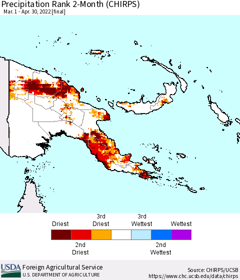 Papua New Guinea Precipitation Rank since 1981, 2-Month (CHIRPS) Thematic Map For 3/1/2022 - 4/30/2022