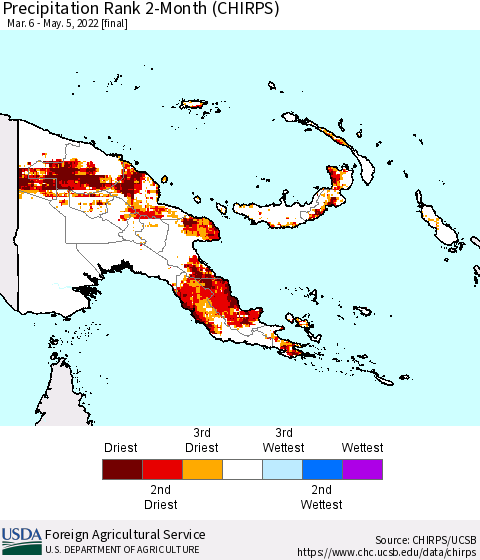 Papua New Guinea Precipitation Rank since 1981, 2-Month (CHIRPS) Thematic Map For 3/6/2022 - 5/5/2022