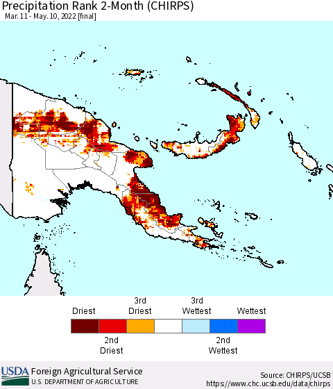Papua New Guinea Precipitation Rank since 1981, 2-Month (CHIRPS) Thematic Map For 3/11/2022 - 5/10/2022