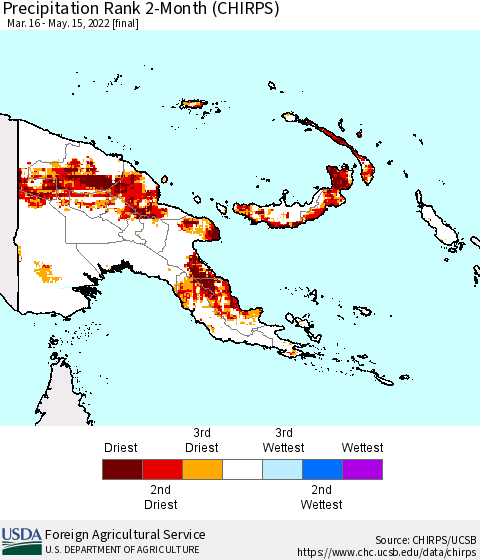 Papua New Guinea Precipitation Rank since 1981, 2-Month (CHIRPS) Thematic Map For 3/16/2022 - 5/15/2022