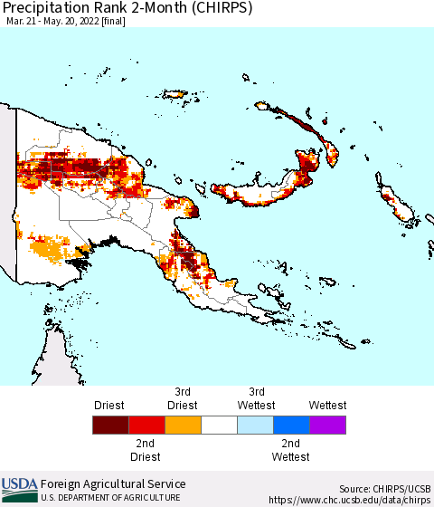 Papua New Guinea Precipitation Rank since 1981, 2-Month (CHIRPS) Thematic Map For 3/21/2022 - 5/20/2022
