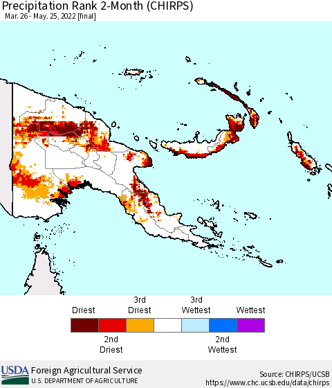 Papua New Guinea Precipitation Rank since 1981, 2-Month (CHIRPS) Thematic Map For 3/26/2022 - 5/25/2022