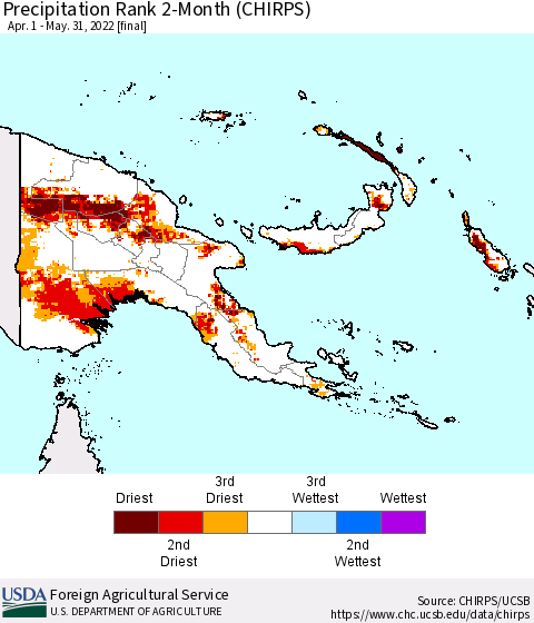 Papua New Guinea Precipitation Rank since 1981, 2-Month (CHIRPS) Thematic Map For 4/1/2022 - 5/31/2022