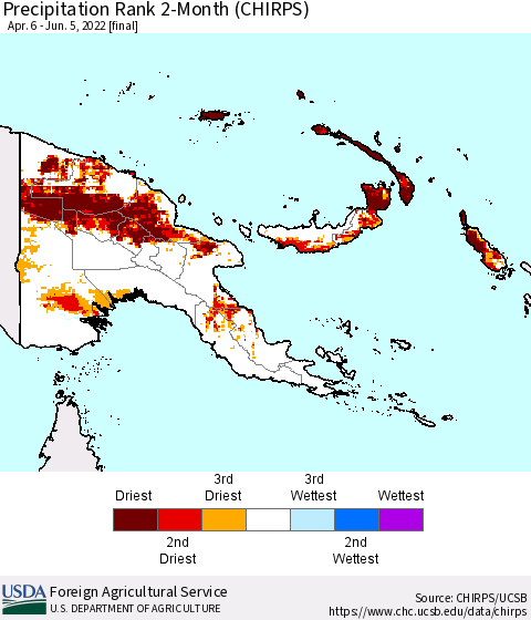 Papua New Guinea Precipitation Rank since 1981, 2-Month (CHIRPS) Thematic Map For 4/6/2022 - 6/5/2022