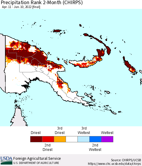 Papua New Guinea Precipitation Rank since 1981, 2-Month (CHIRPS) Thematic Map For 4/11/2022 - 6/10/2022