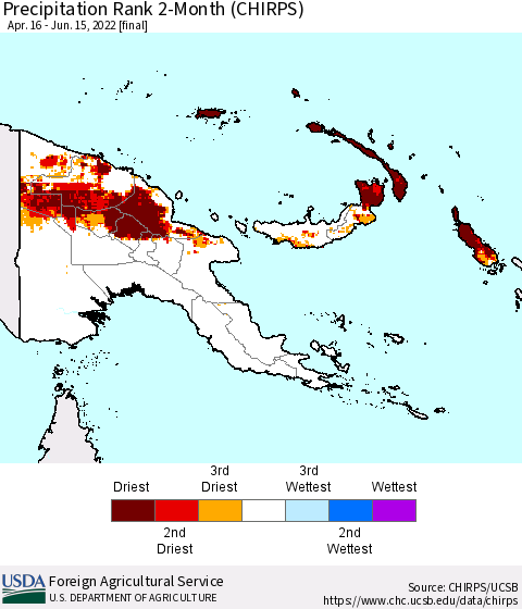 Papua New Guinea Precipitation Rank since 1981, 2-Month (CHIRPS) Thematic Map For 4/16/2022 - 6/15/2022