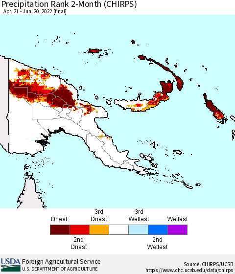 Papua New Guinea Precipitation Rank since 1981, 2-Month (CHIRPS) Thematic Map For 4/21/2022 - 6/20/2022