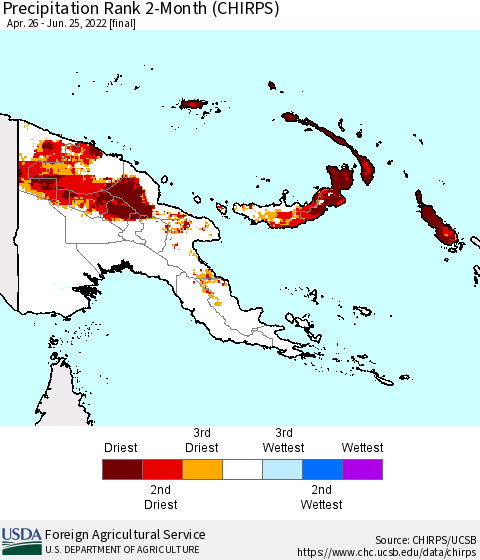 Papua New Guinea Precipitation Rank since 1981, 2-Month (CHIRPS) Thematic Map For 4/26/2022 - 6/25/2022