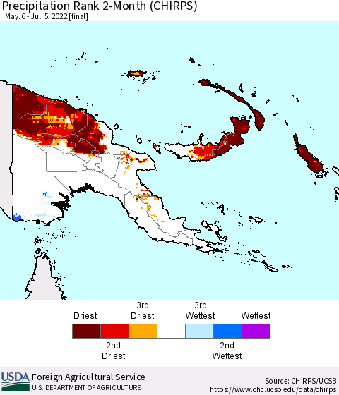 Papua New Guinea Precipitation Rank since 1981, 2-Month (CHIRPS) Thematic Map For 5/6/2022 - 7/5/2022