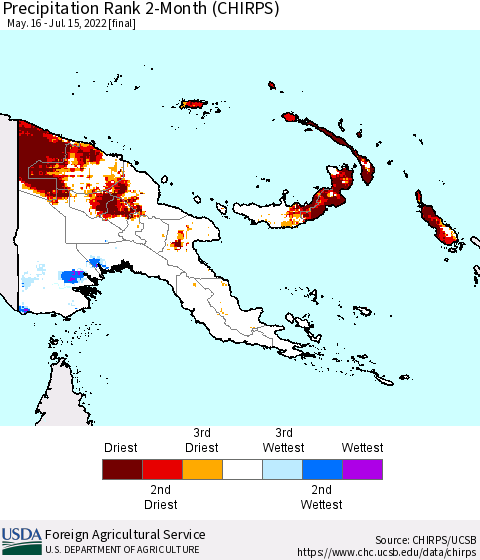 Papua New Guinea Precipitation Rank since 1981, 2-Month (CHIRPS) Thematic Map For 5/16/2022 - 7/15/2022