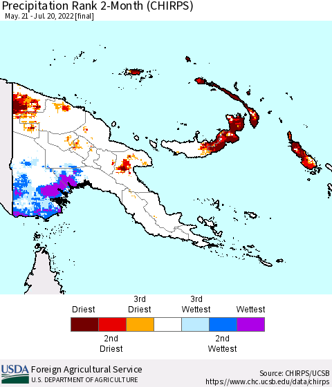 Papua New Guinea Precipitation Rank since 1981, 2-Month (CHIRPS) Thematic Map For 5/21/2022 - 7/20/2022
