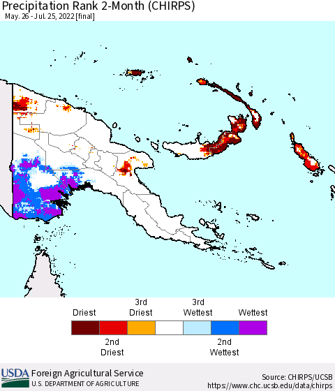 Papua New Guinea Precipitation Rank since 1981, 2-Month (CHIRPS) Thematic Map For 5/26/2022 - 7/25/2022