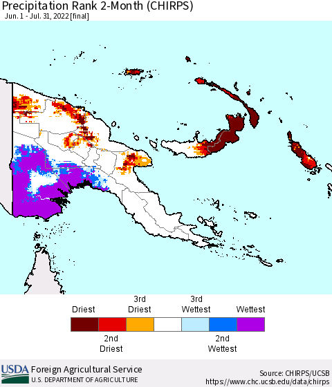 Papua New Guinea Precipitation Rank since 1981, 2-Month (CHIRPS) Thematic Map For 6/1/2022 - 7/31/2022