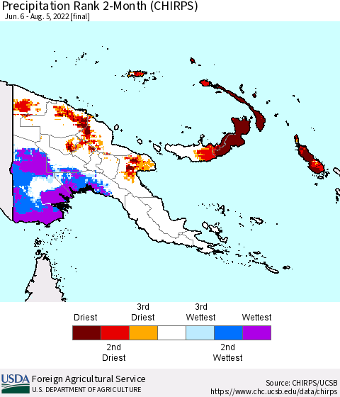 Papua New Guinea Precipitation Rank since 1981, 2-Month (CHIRPS) Thematic Map For 6/6/2022 - 8/5/2022