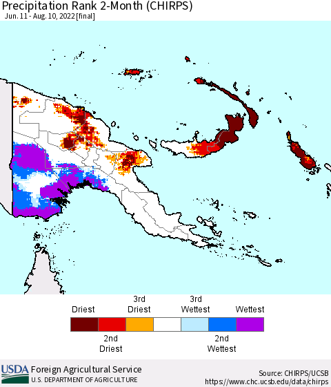 Papua New Guinea Precipitation Rank since 1981, 2-Month (CHIRPS) Thematic Map For 6/11/2022 - 8/10/2022