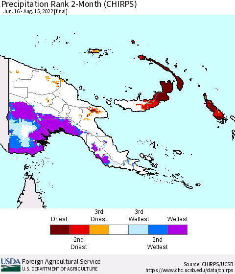 Papua New Guinea Precipitation Rank since 1981, 2-Month (CHIRPS) Thematic Map For 6/16/2022 - 8/15/2022
