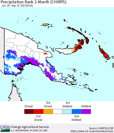 Papua New Guinea Precipitation Rank since 1981, 2-Month (CHIRPS) Thematic Map For 6/26/2022 - 8/25/2022