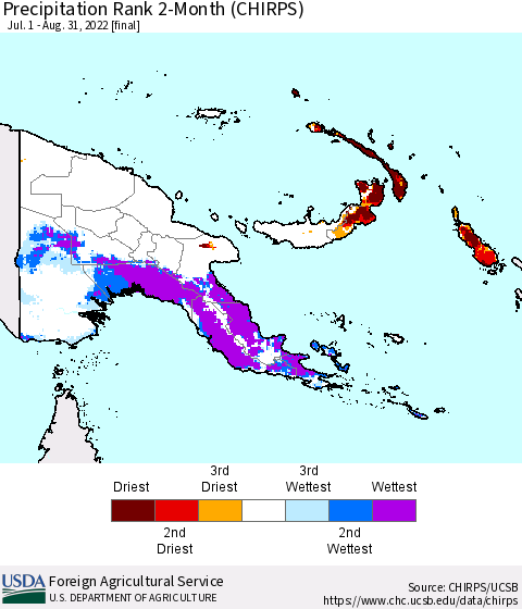 Papua New Guinea Precipitation Rank since 1981, 2-Month (CHIRPS) Thematic Map For 7/1/2022 - 8/31/2022