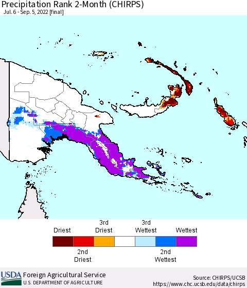 Papua New Guinea Precipitation Rank since 1981, 2-Month (CHIRPS) Thematic Map For 7/6/2022 - 9/5/2022
