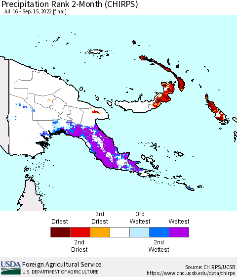 Papua New Guinea Precipitation Rank since 1981, 2-Month (CHIRPS) Thematic Map For 7/16/2022 - 9/15/2022