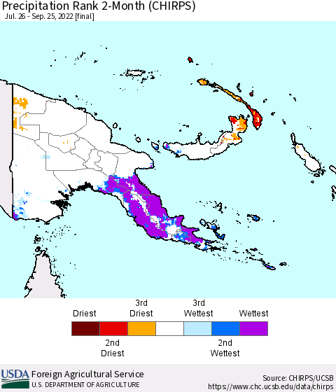 Papua New Guinea Precipitation Rank since 1981, 2-Month (CHIRPS) Thematic Map For 7/26/2022 - 9/25/2022