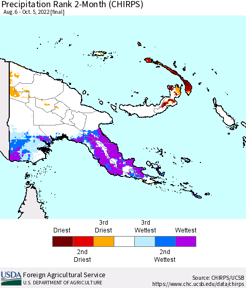 Papua New Guinea Precipitation Rank since 1981, 2-Month (CHIRPS) Thematic Map For 8/6/2022 - 10/5/2022