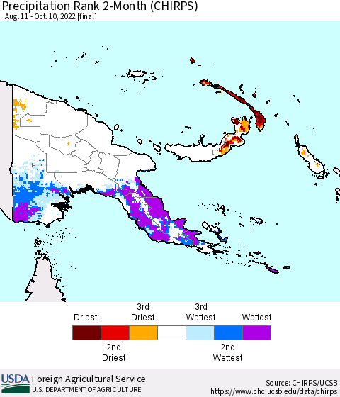 Papua New Guinea Precipitation Rank since 1981, 2-Month (CHIRPS) Thematic Map For 8/11/2022 - 10/10/2022
