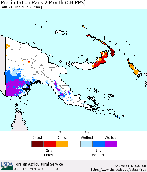 Papua New Guinea Precipitation Rank since 1981, 2-Month (CHIRPS) Thematic Map For 8/21/2022 - 10/20/2022