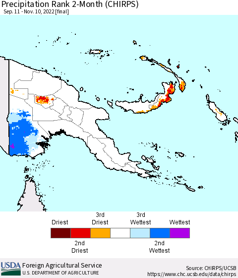 Papua New Guinea Precipitation Rank since 1981, 2-Month (CHIRPS) Thematic Map For 9/11/2022 - 11/10/2022