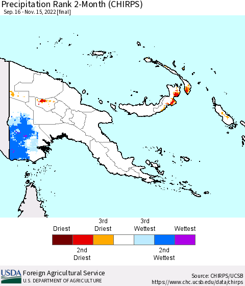 Papua New Guinea Precipitation Rank since 1981, 2-Month (CHIRPS) Thematic Map For 9/16/2022 - 11/15/2022