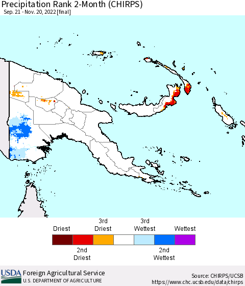 Papua New Guinea Precipitation Rank since 1981, 2-Month (CHIRPS) Thematic Map For 9/21/2022 - 11/20/2022
